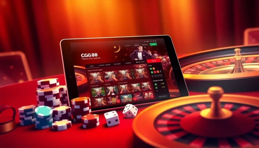 NHÀ CÁI GG88 invites players to explore exciting online gambling activities with a vibrant casino atmosphere showcasing roulette wheels and poker chips.