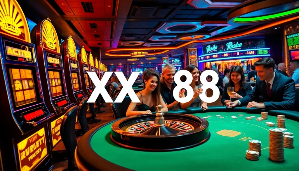 Experience the excitement of gambling at XX88-themed casinos featuring vibrant slot machines and poker tables.